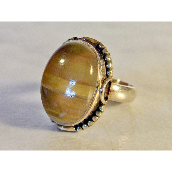 Vintage Sterling Silver Large Oval Banded Agate Ring , Ring Size 8 - Picture 3 of 5